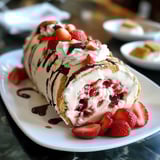 Cake topped with fluffy cream and strawberries, sitting on a plate.