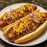 Two chili-topped hot dogs with onions on a plate.