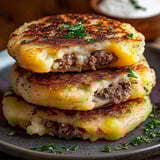 A crisp pile of stuffed potato patties.