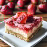 A cheesecake square topped with fresh strawberries.