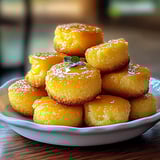 A stack of golden muffins topped with honey drizzle and herbs.