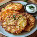 Plate of potato pancakes served with a bowl of dipping sauce.