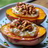 Roasted sweet potato halves topped with creamy white sauce and chopped nuts.