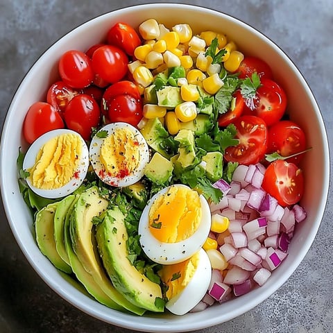 A bowl filled with veggies, eggs, corn, and avocado.