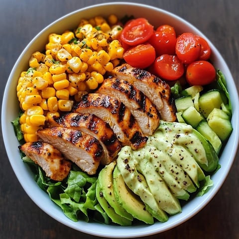 A colorful bowl with grilled chicken, fresh corn, tomatoes, avocado, and leafy greens.