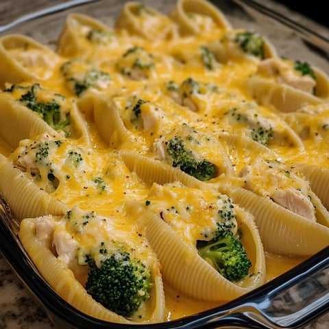 Pasta shells topped with cheese and broccoli in a dish.