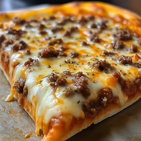 A cheesy, meaty pizza slice fresh from the oven.