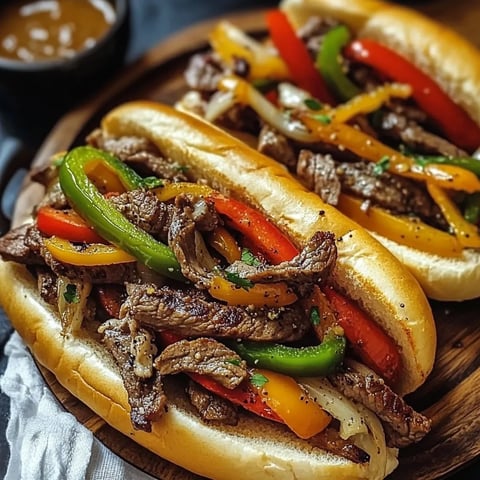 Two hoagie sandwiches stacked with sautéed peppers and onions.