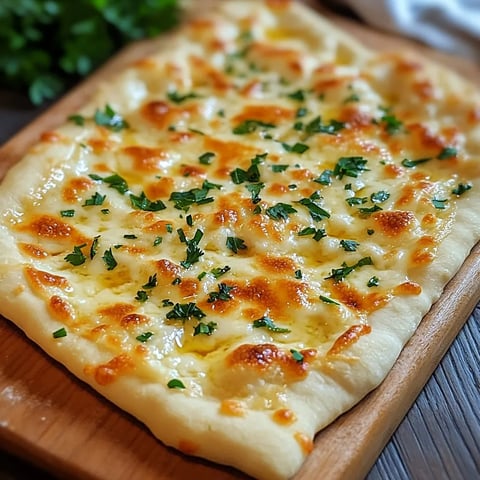 Golden cheese bread garnished with herbs on a wooden surface.